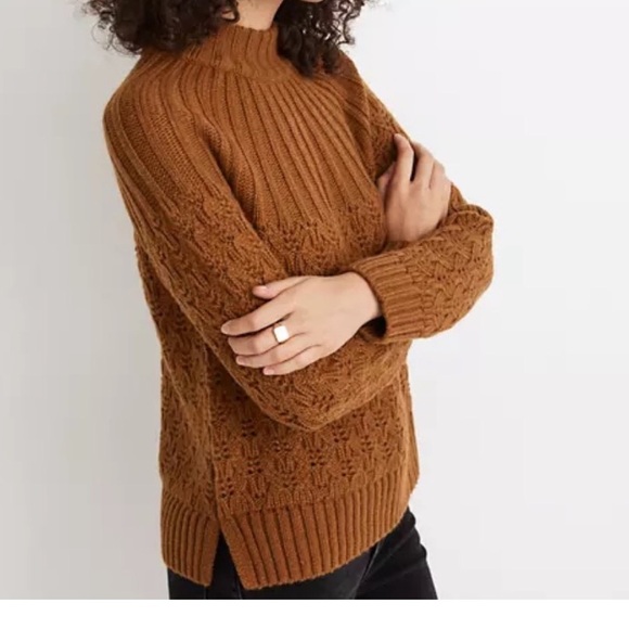 Madewell Women’s Pointelle Stitch Mix Mock Neck Sweater in Dried Cedar Brown -S - Picture 2 of 12